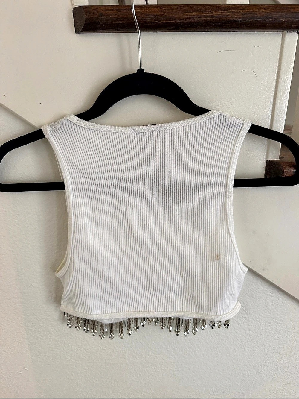 Zara Rhinestone Fringe Ribbed Crop Top White Small - Picture 2 of 3